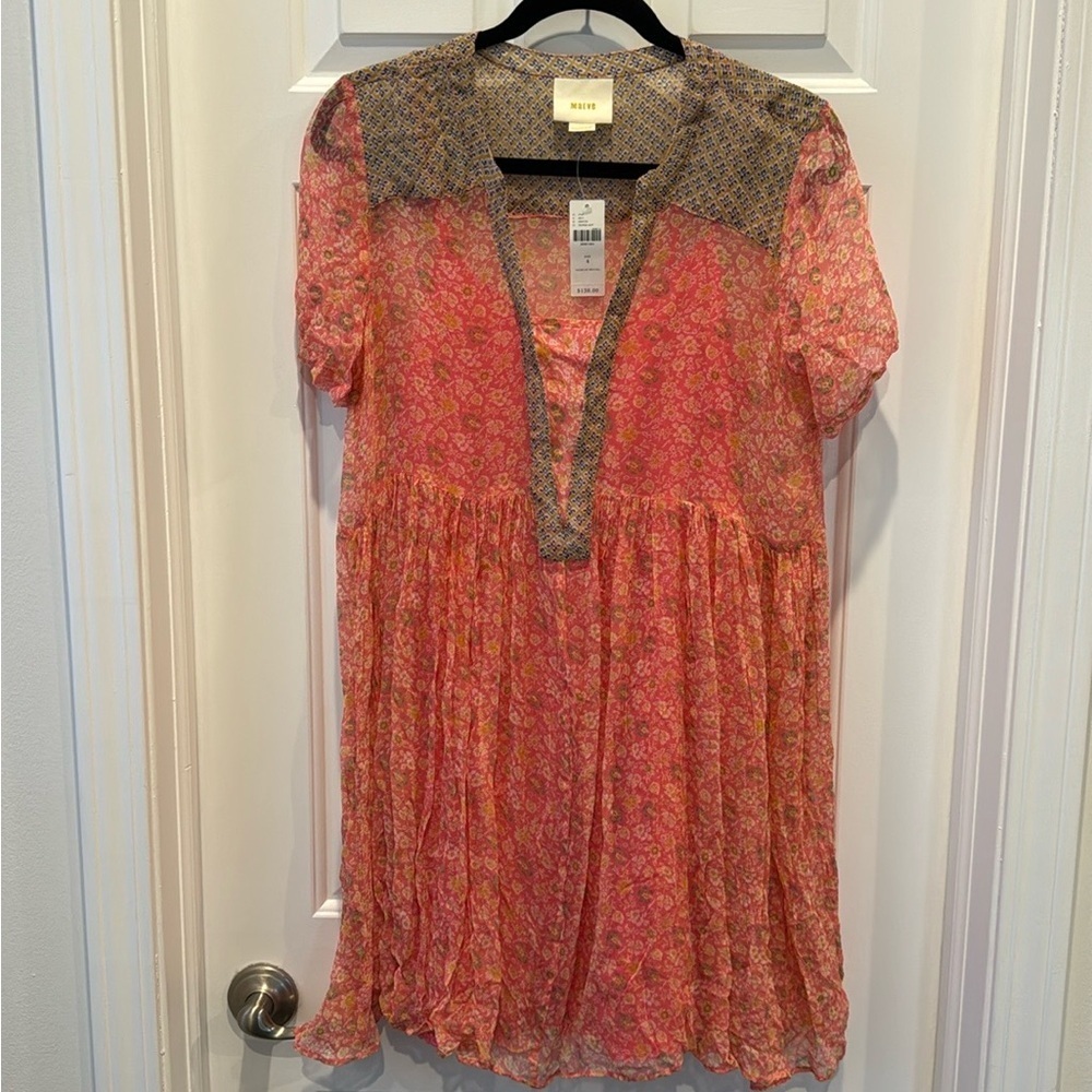 Maeve Anthropologie Swing Dress Morning Glory size 4 Babydoll Floral Pink sheer - Picture 2 of 8